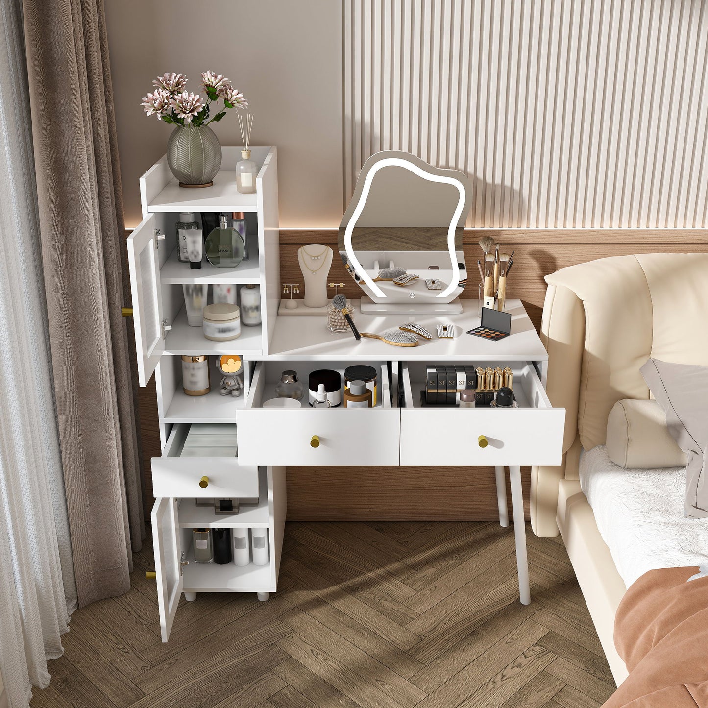 Vanity Dressing Table With LED Mirror & Storage Makeup Desk With 3 Drawers, 2 Open Shelves & 4 Hidden Cabinets - White