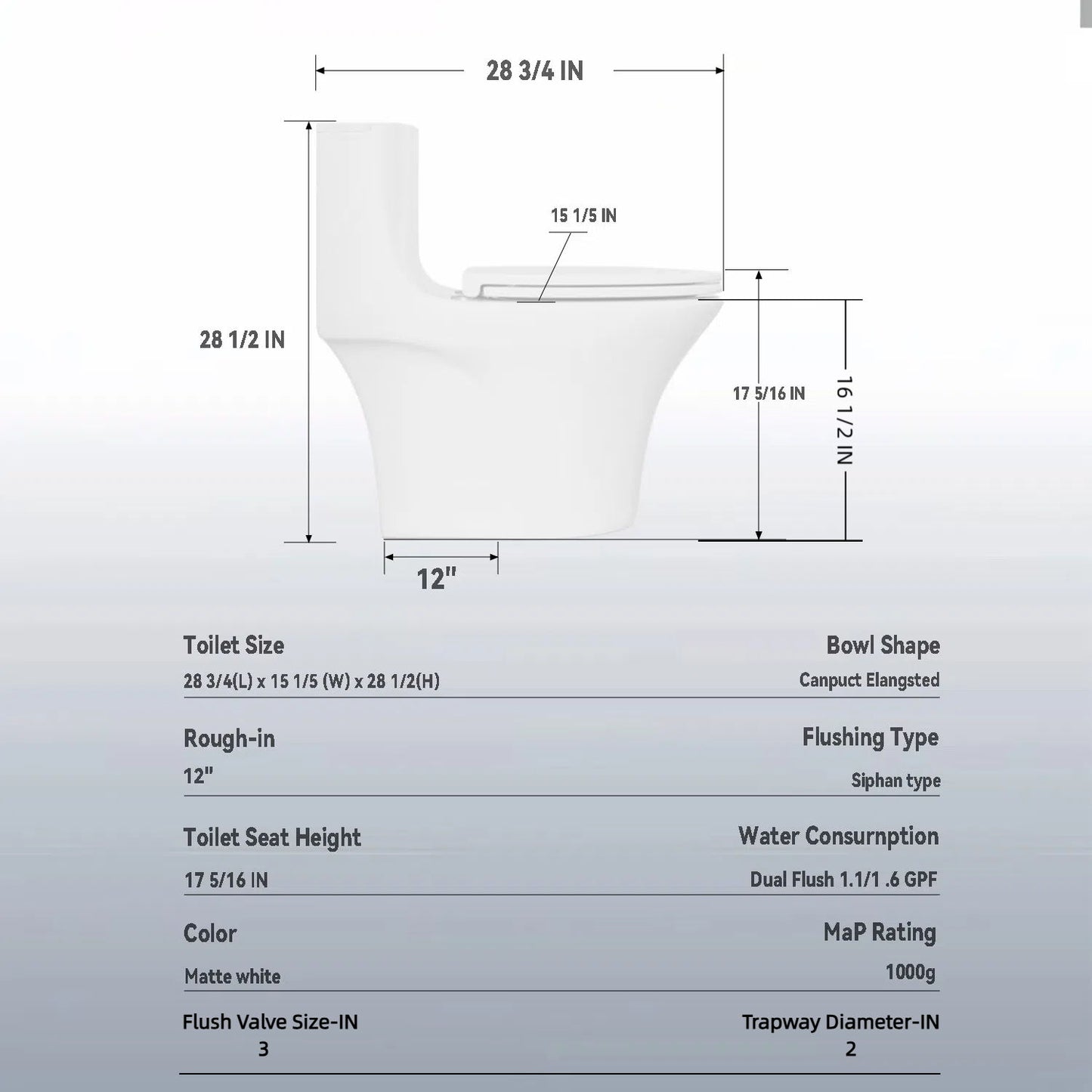Elegant One Piece Toilet With Tornado Dual Flush, Siphonic S Trap 12", Soft Close Seat, Dual Flush, Ada Height, Glossy - Gloss White