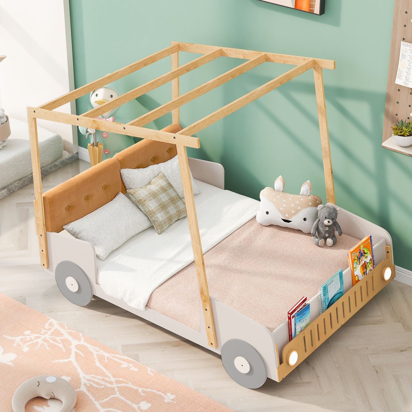 Wood Full Size Car Bed With Pillow, Ceiling Cloth And LED - Natural