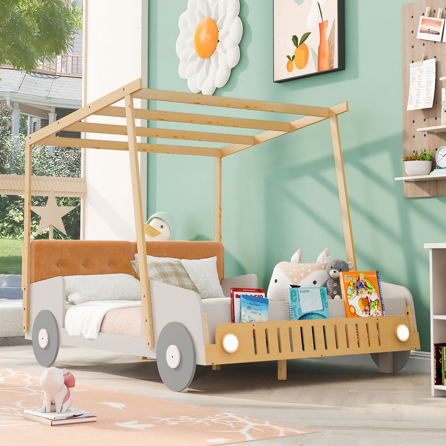 Wood Full Size Car Bed With Pillow, Ceiling Cloth And LED - Natural