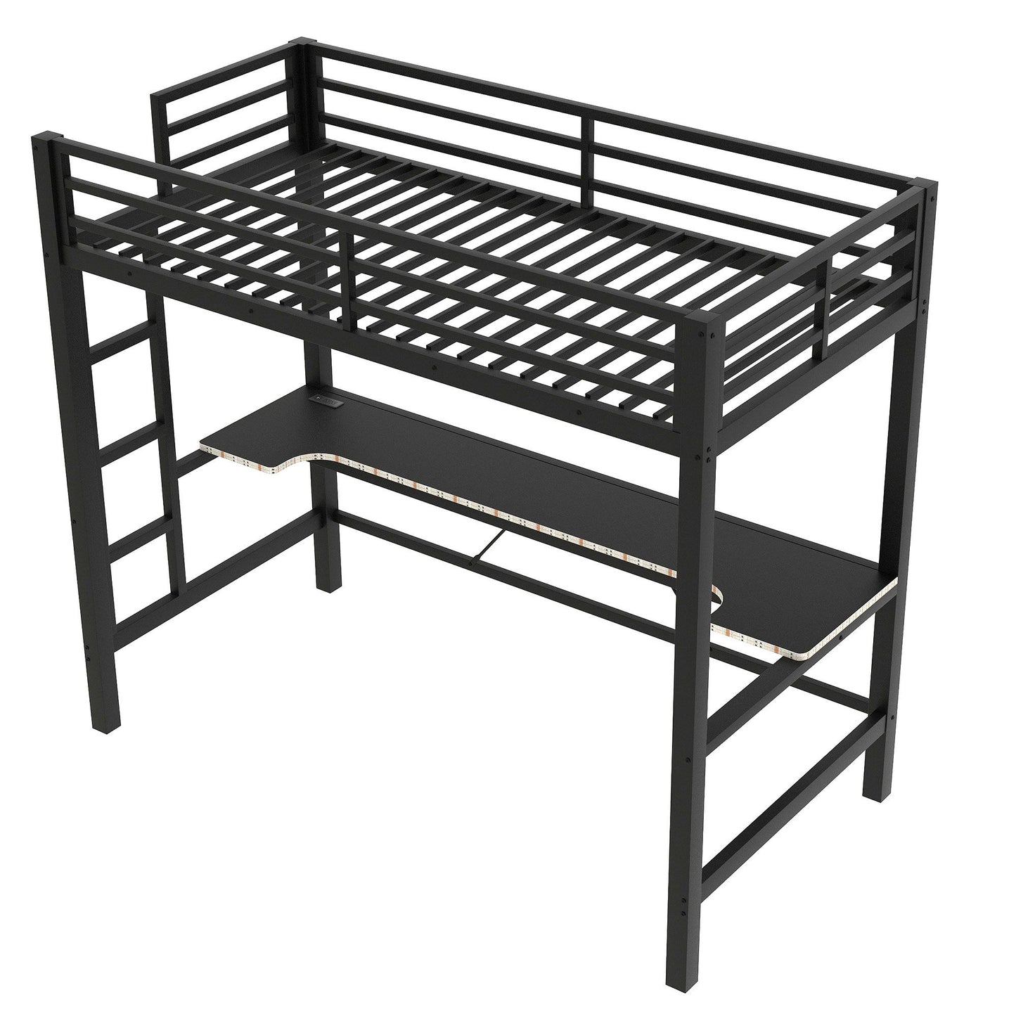 Twin Size Gaming Metal Loft Bed Frame With LED Light And Desk - Black