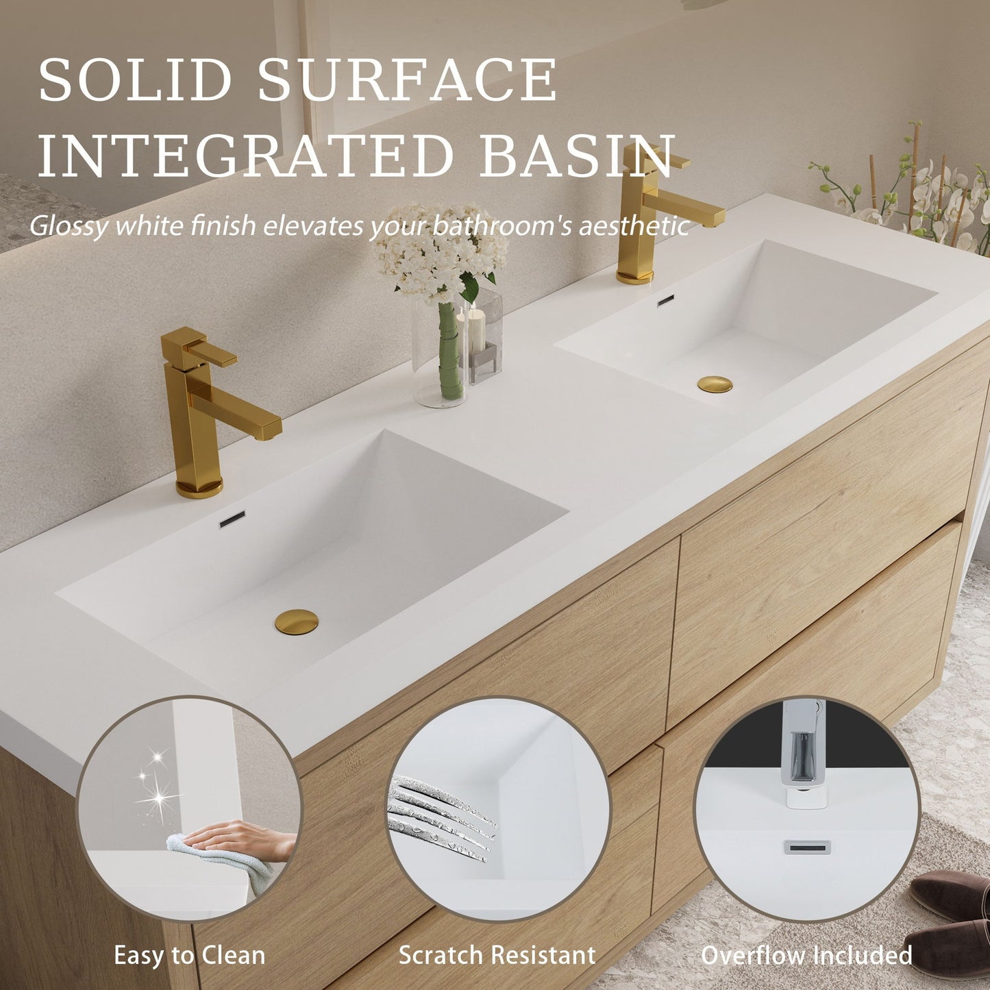 Bathin Freestanding Bathroom Vanity With Double Sinks, Bathroom Storage Vanity Cabinet With Stone Resin Countertop And Soft Close Drawers - Natural Oak