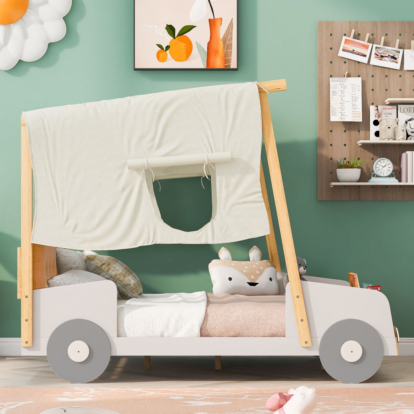 Wood Full Size Car Bed With Pillow, Ceiling Cloth And LED - Natural