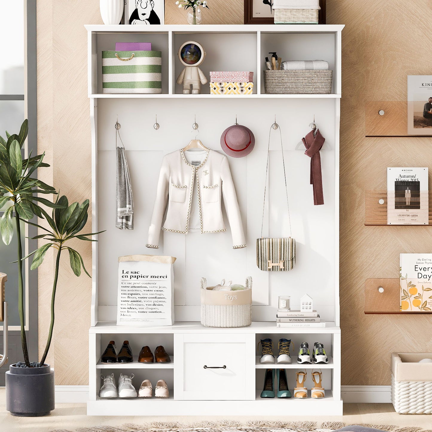 Hall Tree With 6 Hooks, Coat Hanger, Entryway Bench