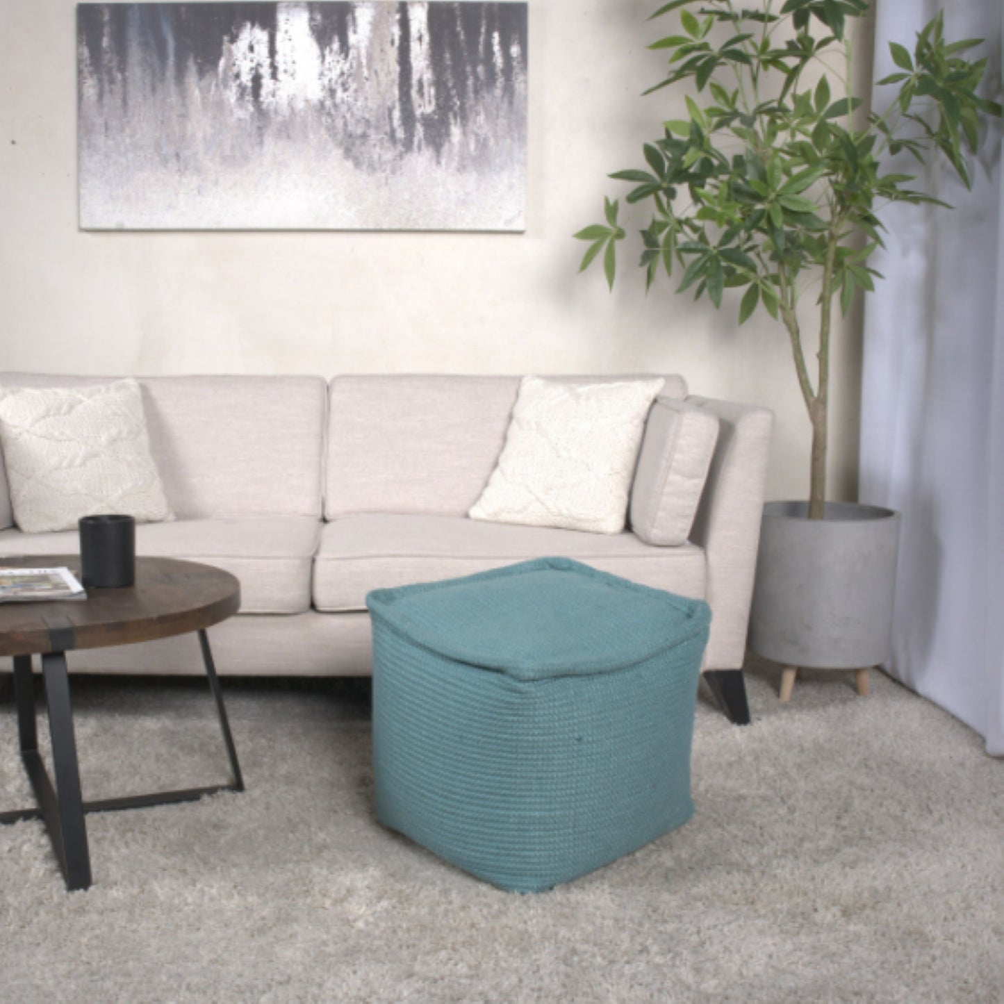 Hansolo - Yarn Square Pouf Ottoman Or Floor Cushion - Teal