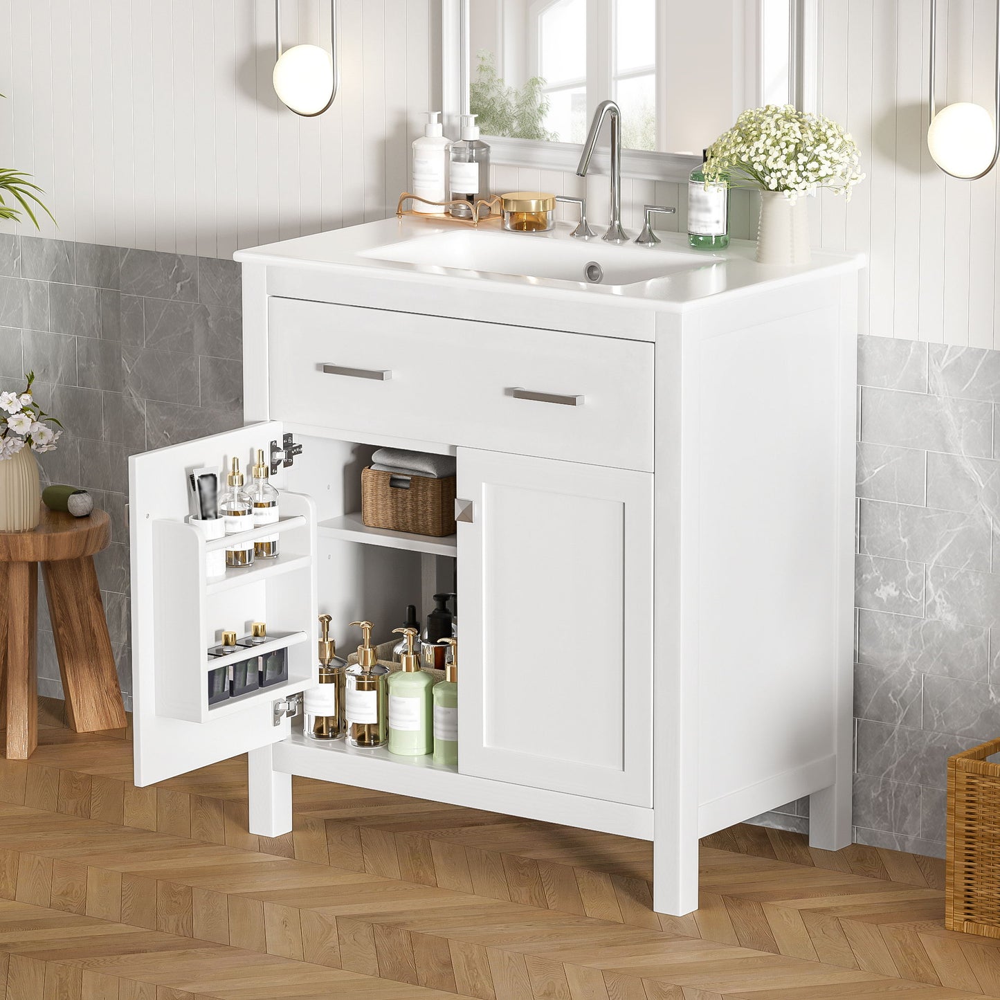 Bathroom Vanity With Ceramic Sink, Modern Single Bathroom Cabinet With 2 Doors And A Shelf, Soft Close Doors