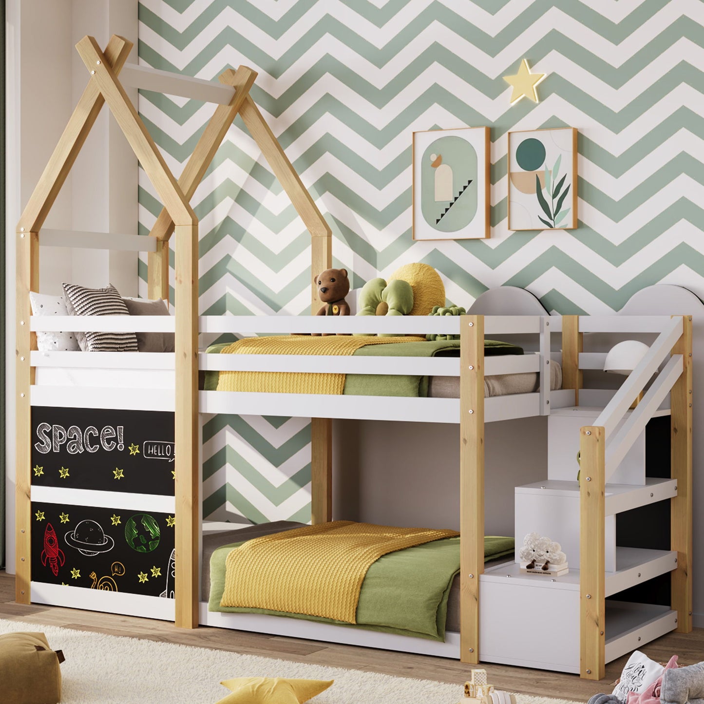 Twin Over Twin House Bunk Bed With White Storage Staircase And 2 Blackboards - White / Natural