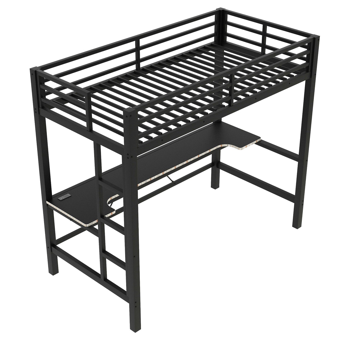 Twin Size Gaming Metal Loft Bed Frame With LED Light And Desk - Black