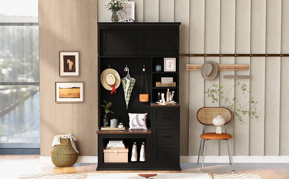 Modern Wide Hall Tree With Coat Rack, 3 Shelves And Drawers, 3 Sturdy Hooks