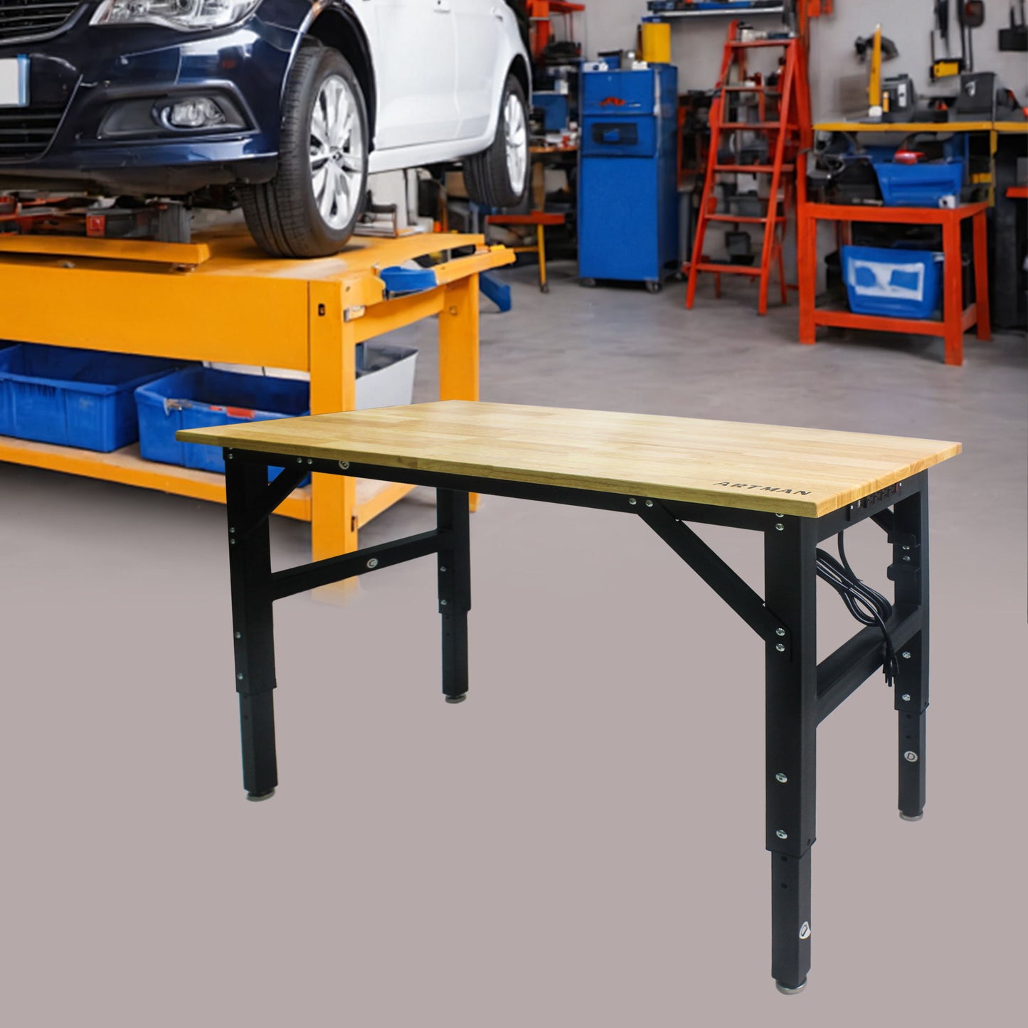 Metal Adjustable Worktable With Socket And Wooden Top - Black