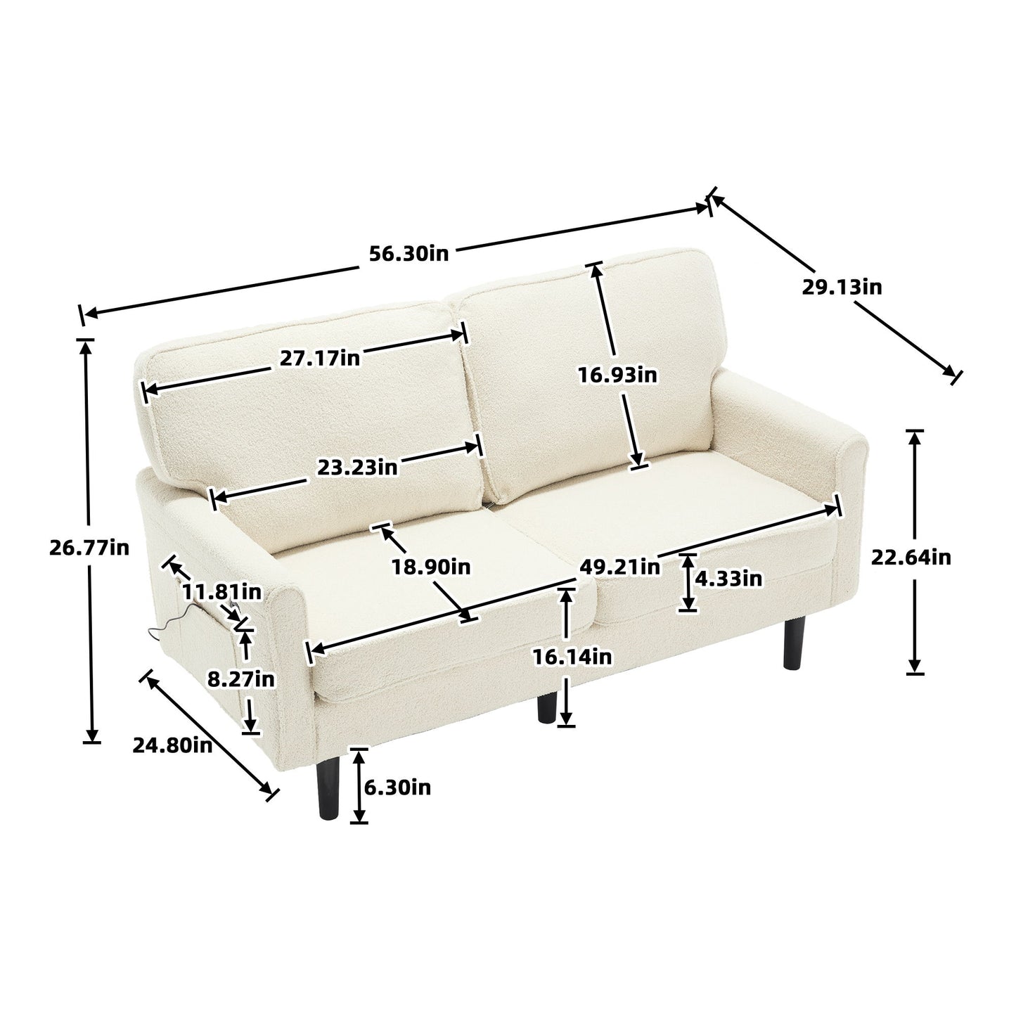 Mid Century Modern Loveseat Sofa With USB Ports, Removable Pillow Cover