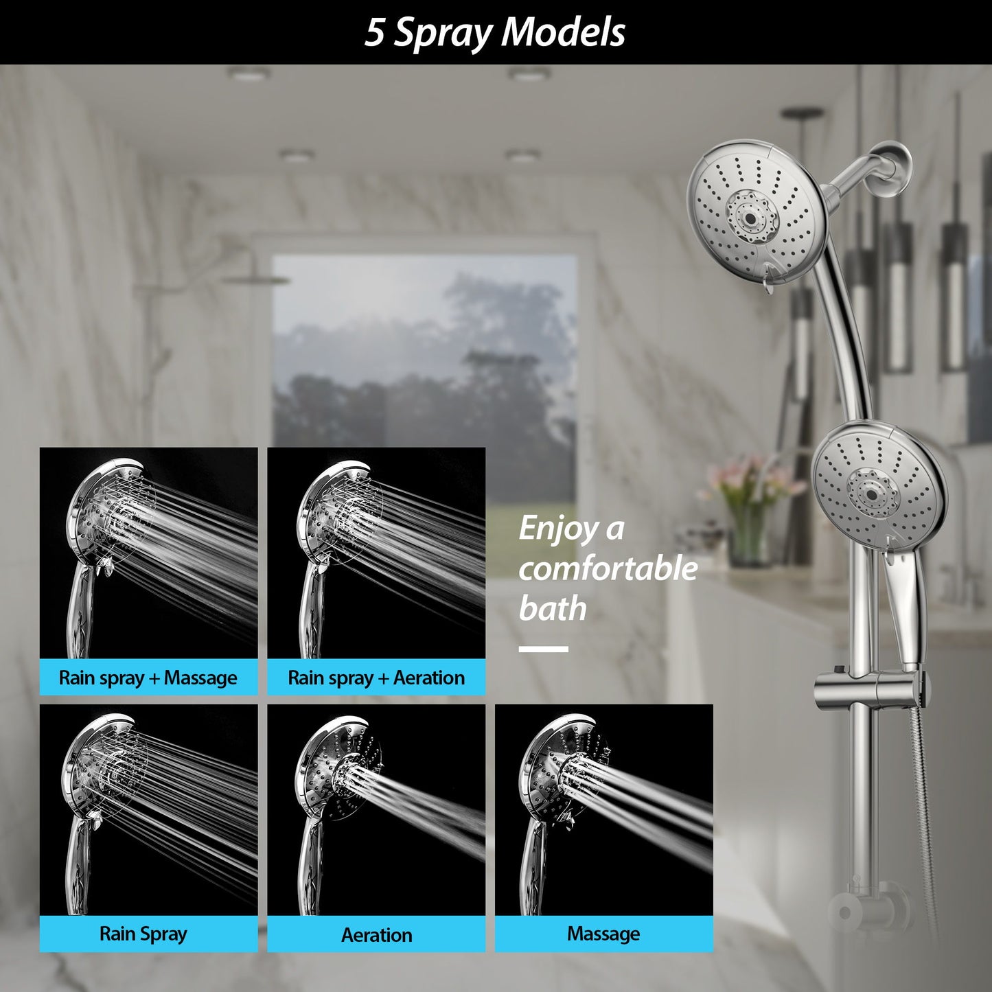 Dual Shower Head With Adjustable Slide Bar And Multi Function Settings