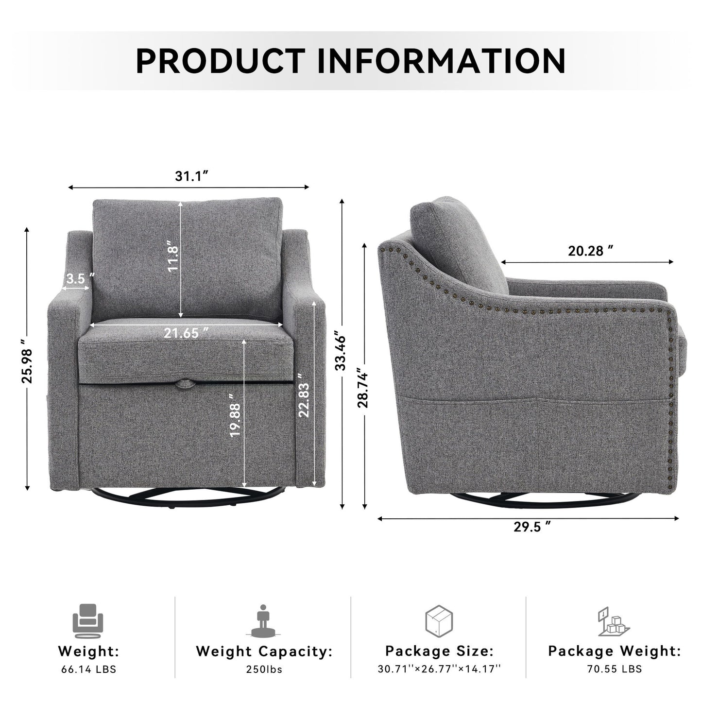 Linen Fabric 360° Swivel Accent Chair With Upholstered Back Pillow And Rivet Armrest