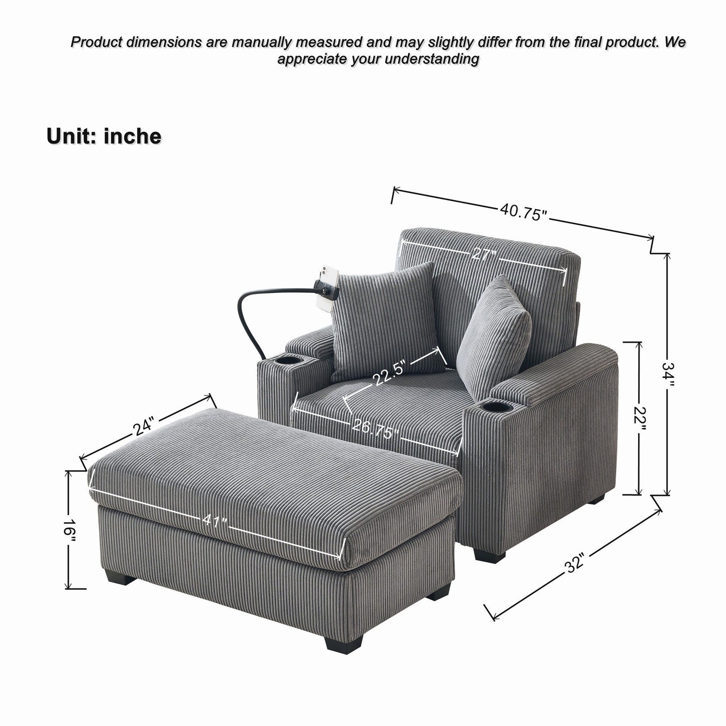 Comfy Corduroy Oversized Chaise Lounge Chair With Ottoman And Storage