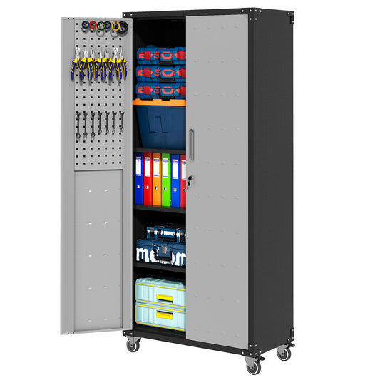 Metal Garage Storage Cabinet With Wheels Heavy Duty Tool Storage Cabinet - Brushed Nickel