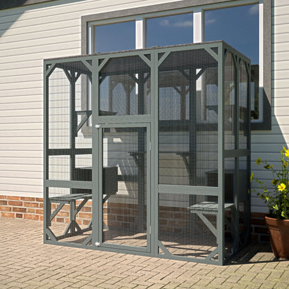 Outdoor Cat House Wooden Catio Enclosure With Cover - Large Cat Cage With Jump Platforms And Condos, Weatherproof - Gray
