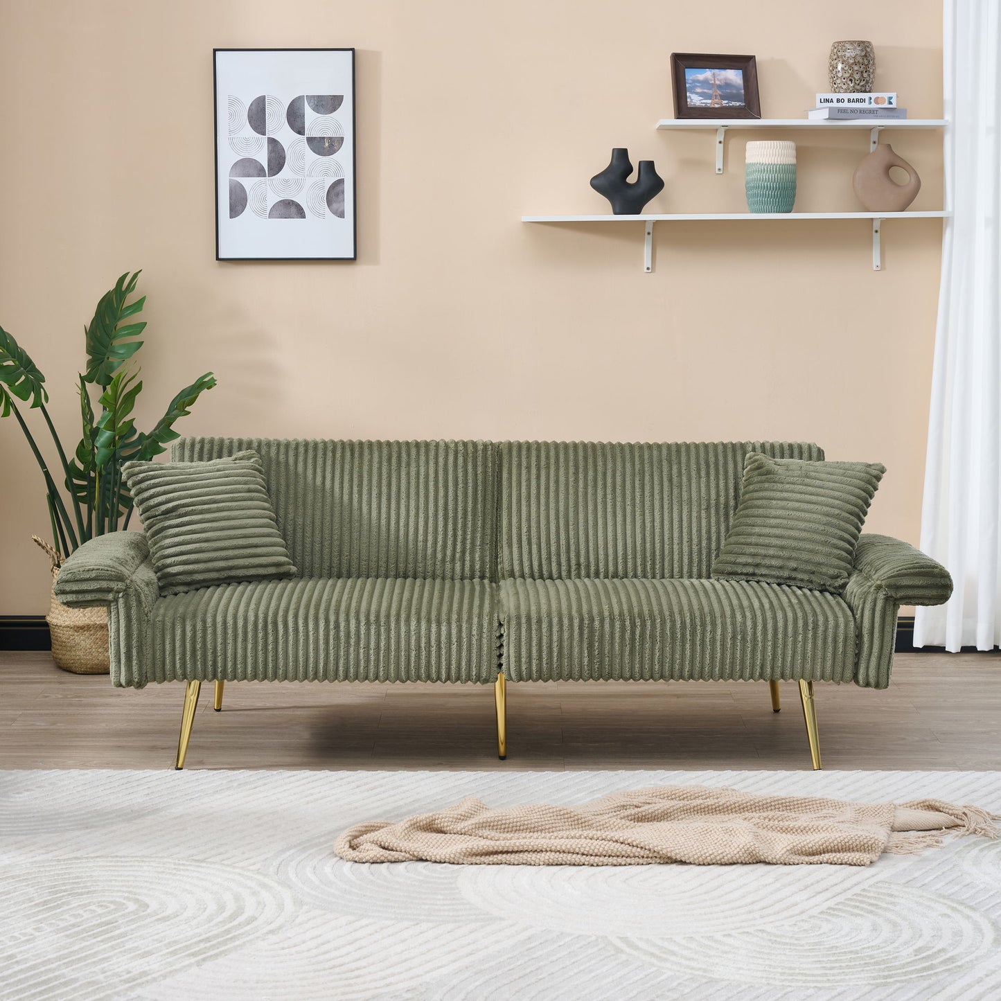 Luxury Corduroy Foldable Double Sofa Bed With Folding Armrests