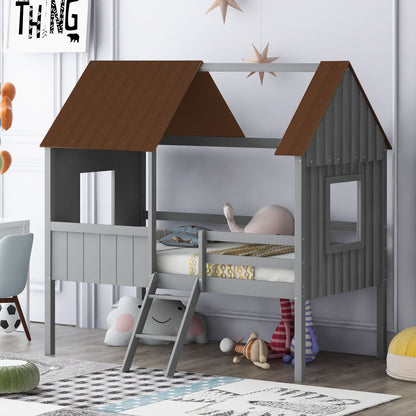 Twin Size Low Loft House Bed With Two Side Windows - Gray / Brown
