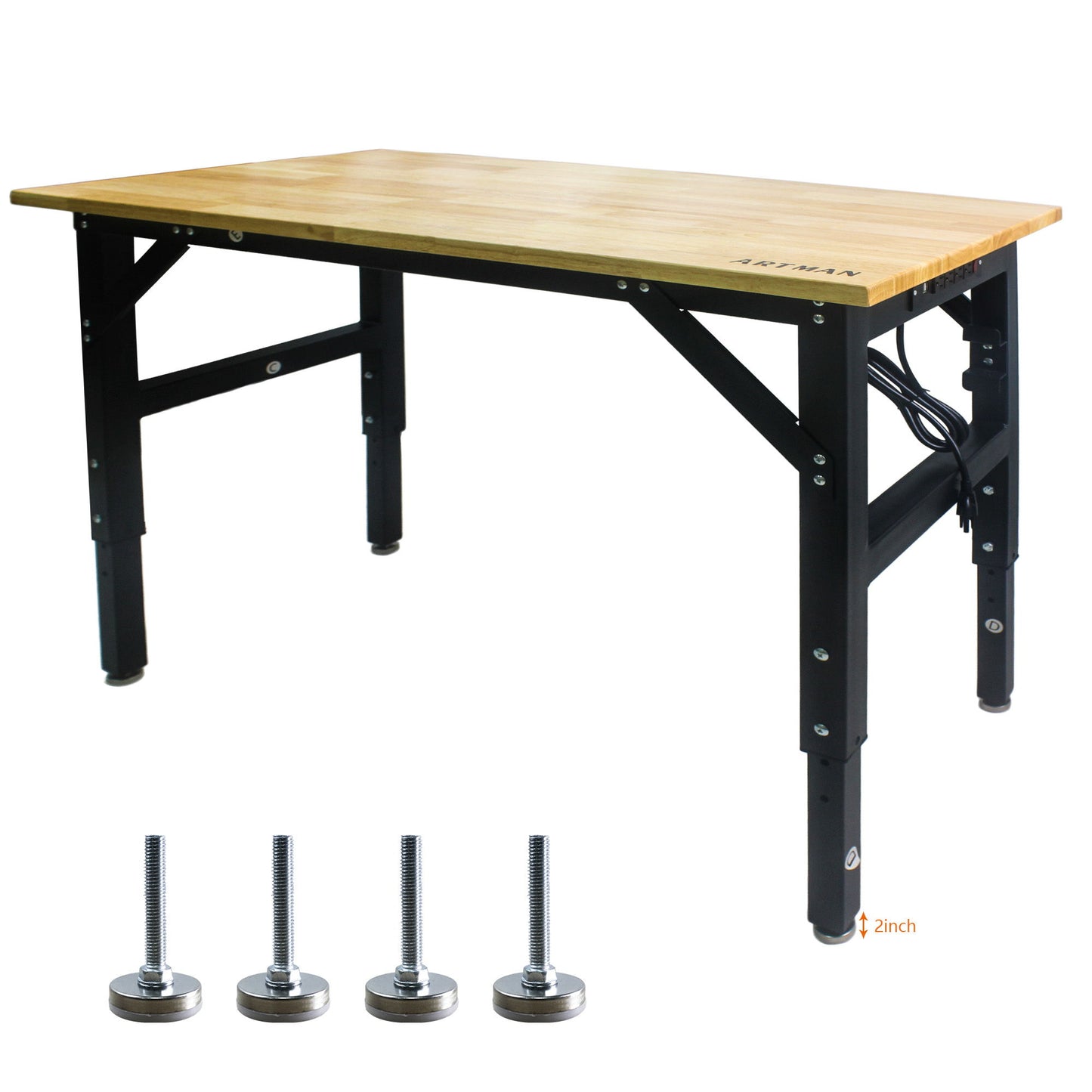 Metal Adjustable Worktable With Socket And Wooden Top - Black