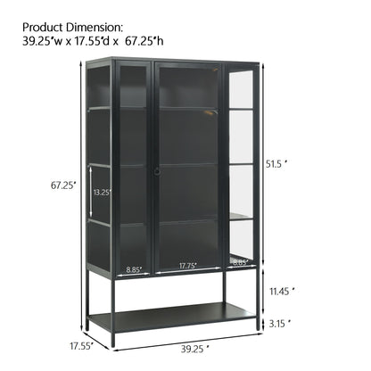 Modern Steel Display Cabinet With LED Lights And Glass Door For Home Or Workspace - Black