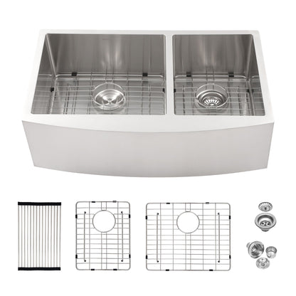 Double Bowl Sink 60 / 40 Split Apron Front Kitchen Sink In 16 Gauge With 2 10" Deep Basins 33" X21" X10" - Brushed Nickel