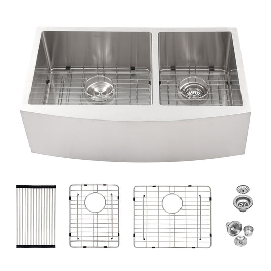 Double Bowl Sink 60 / 40 Split Apron Front Kitchen Sink In 16 Gauge With 2 10" Deep Basins 33" X21" X10" - Brushed Nickel