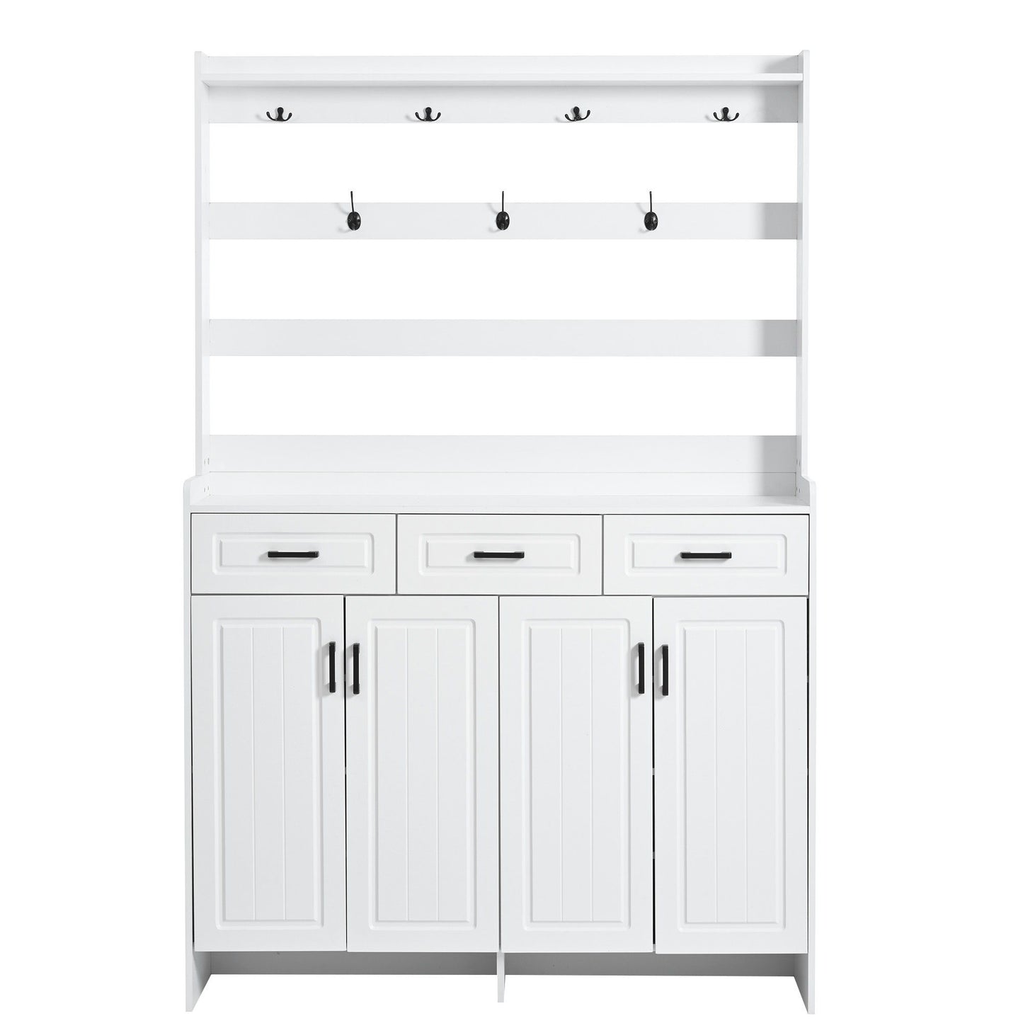 Minimalist 4 Door Shoe Cabinet With Coat Rack, 3 Drawers, 8 Shelves, Metal Hooks And Handles