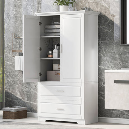 Tall Bathroom Storage Cabinet, Cabinet With 2 Doors And Drawers, Adjustable Shelf