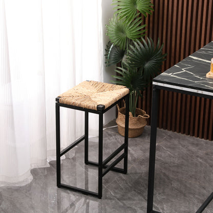 (Set of 2) Backless Water Hyacinth Woven Bar Stools With Footrest, Natural Finish, Metal Frame, 25" Height