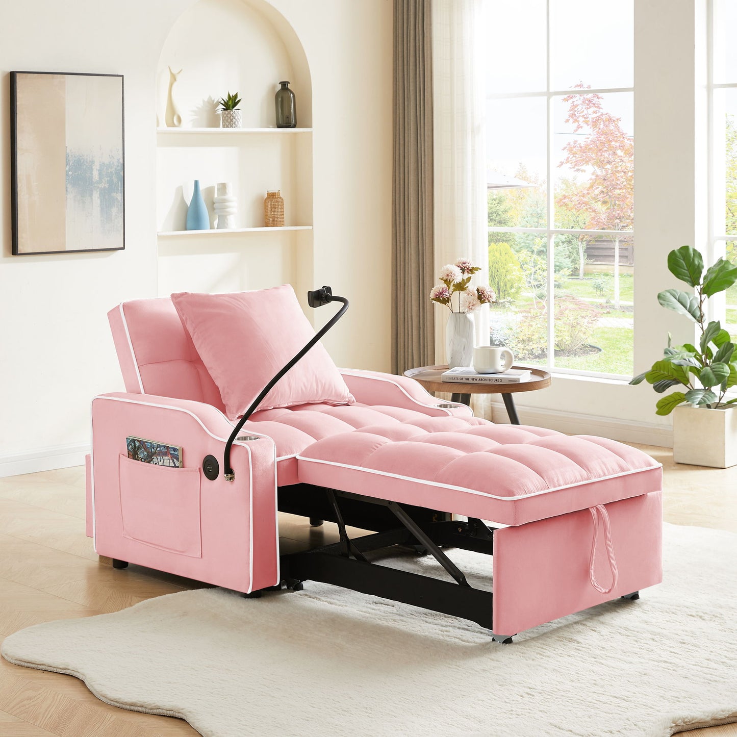 Convertible Velvet 3 In 1 Sofa Bed With Adjustable Sleeper Chair And Multi Pockets