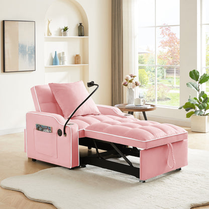 Convertible Velvet 3 In 1 Sofa Bed With Adjustable Sleeper Chair And Multi Pockets