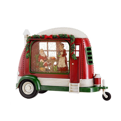 Christmas Plastic / Resin Camper With Mr & Mrs Santa Tea Time LED / Water Spinning / 2 Way Switch, 3*AA Required - Red