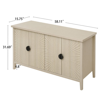 4 Door Sideboard, Carved Sideboard Buffet Cabinet With Storage, Modern Coffee Bar Cabinet With Adjustable Shelf For Living Room, Dining Room, Kitchen - Natural