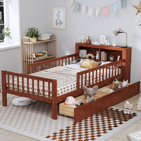 Bed With Headboard Storage Rack, 2 Under Bed Drawers, 3 Side Guardrails For Safety