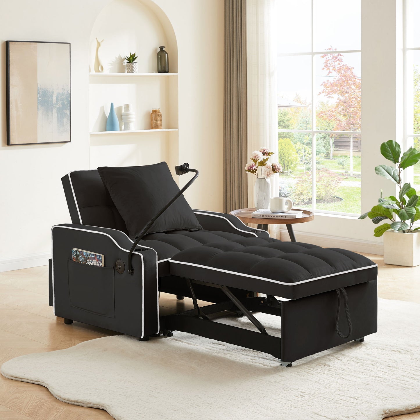 Convertible Velvet 3 In 1 Sofa Bed With Adjustable Sleeper Chair And Multi Pockets