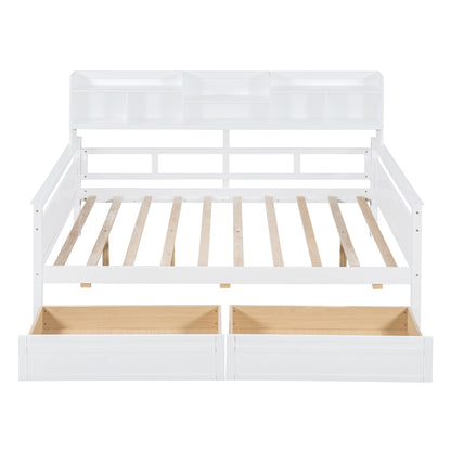 Daybed, Wood Slat Support, With Bedside Shelves And Two Drawers