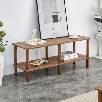Modern Double Deck TV Cabinet With Open Storage Shelf, Rounded Legs