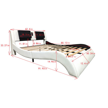 Upholstered Platform Bed Frame With LED Lighting, Bluetooth Connection To Play Music Control, Backrest Vibration Massage, Curve Design, Wood Slat Support
