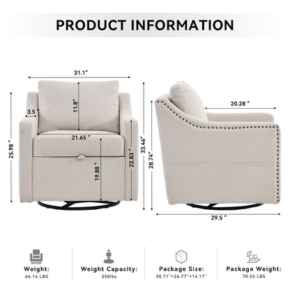 Linen Fabric 360° Swivel Accent Chair With Upholstered Back Pillow And Rivet Armrest