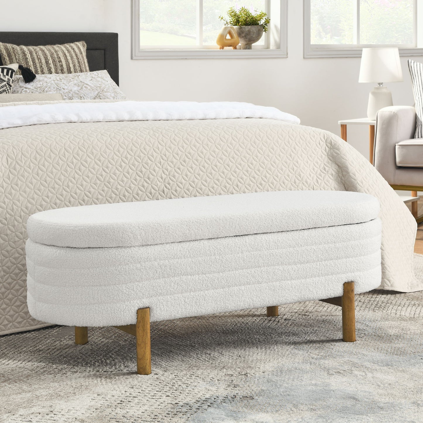 Oval Ottoman Storage Bench With Rubber Wood Legs