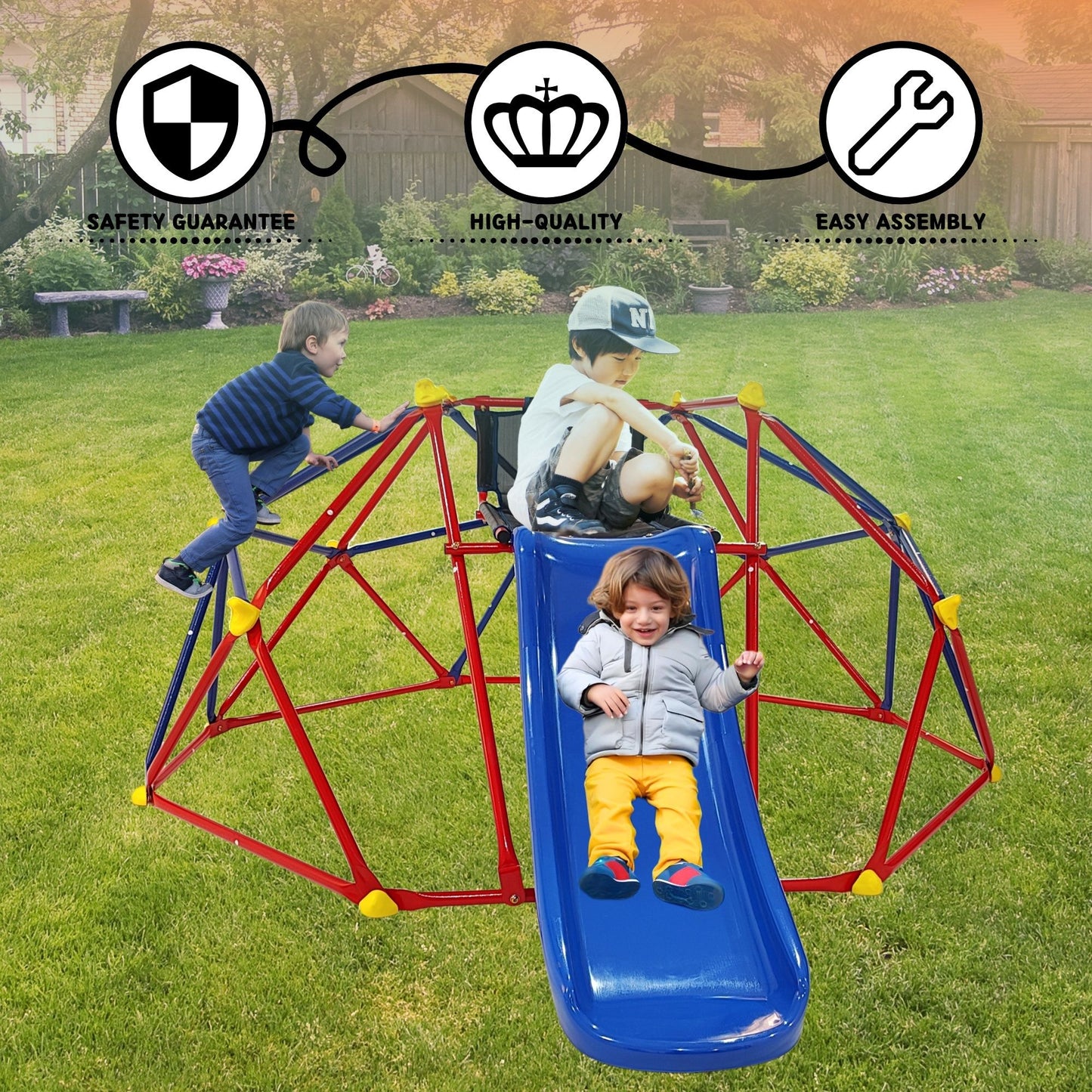 Innovative Dome Climber With Slide And Climbing Stones - Blue / Red