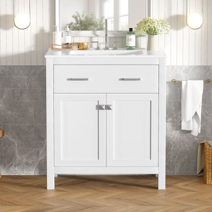 Bathroom Vanity With Ceramic Sink, Modern Single Bathroom Cabinet With 2 Doors And A Shelf, Soft Close Doors