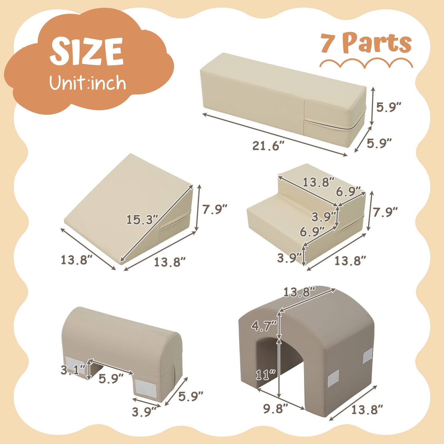 Indoor Soft Foam Climber Play Sets 7 In 1, Soft Play Equipment Climb And Crawl Playground For Toddlers, Kids Crawling And Climbing Active Play Structure - Coffee