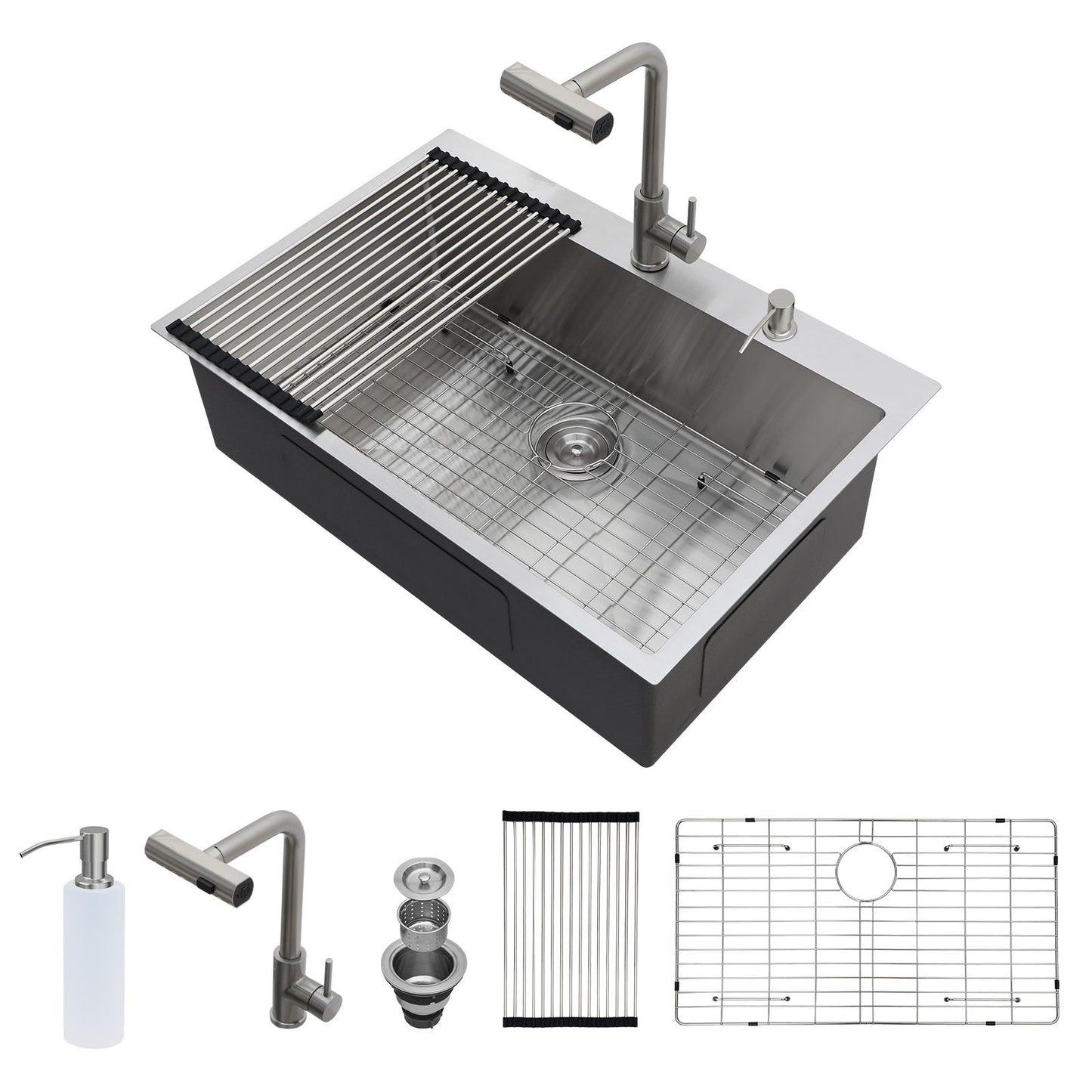 Drop In Kitchen Sink With Pull Down Faucet And Soap Dispenser