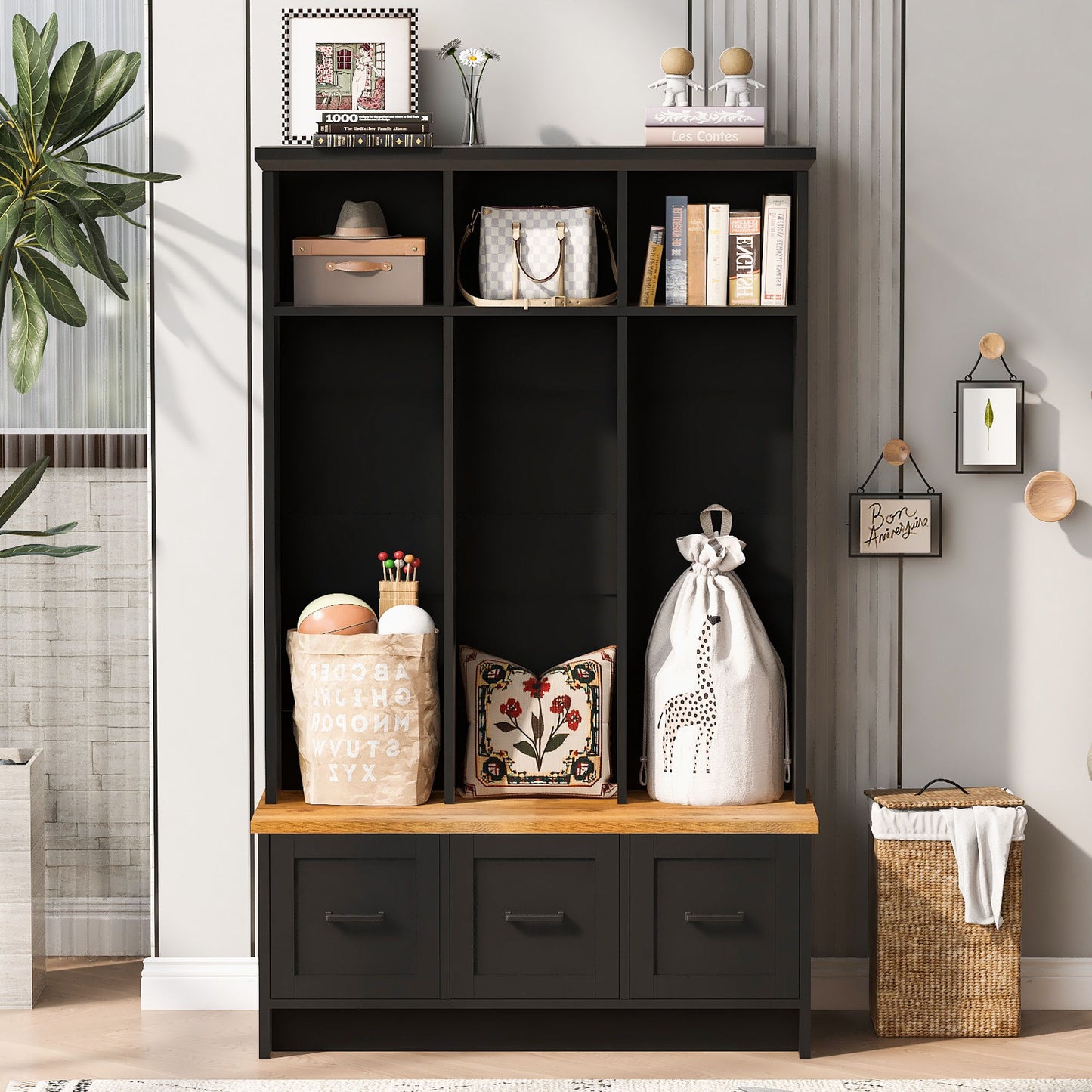 Modern Hall Tree With 3 Shelves And Drawers, Storage Bench