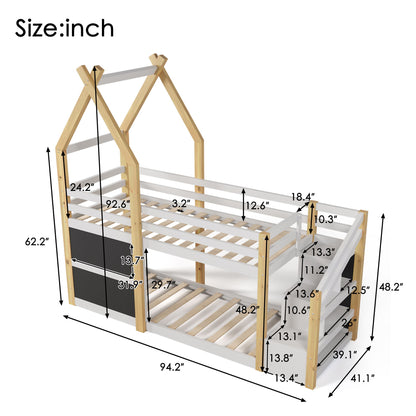 Twin Over Twin House Bunk Bed With White Storage Staircase And 2 Blackboards - White / Natural