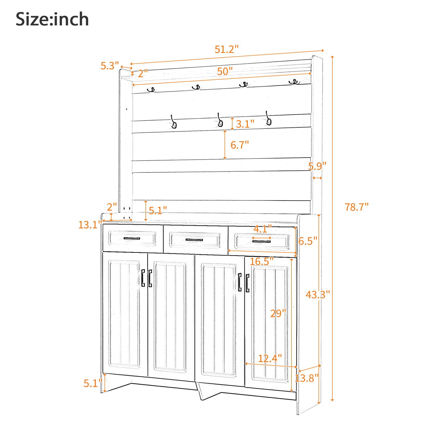 Minimalist 4 Door Shoe Cabinet With Coat Rack, 3 Drawers, 8 Shelves, Metal Hooks And Handles