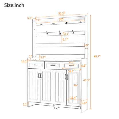 Minimalist 4 Door Shoe Cabinet With Coat Rack, 3 Drawers, 8 Shelves, Metal Hooks And Handles