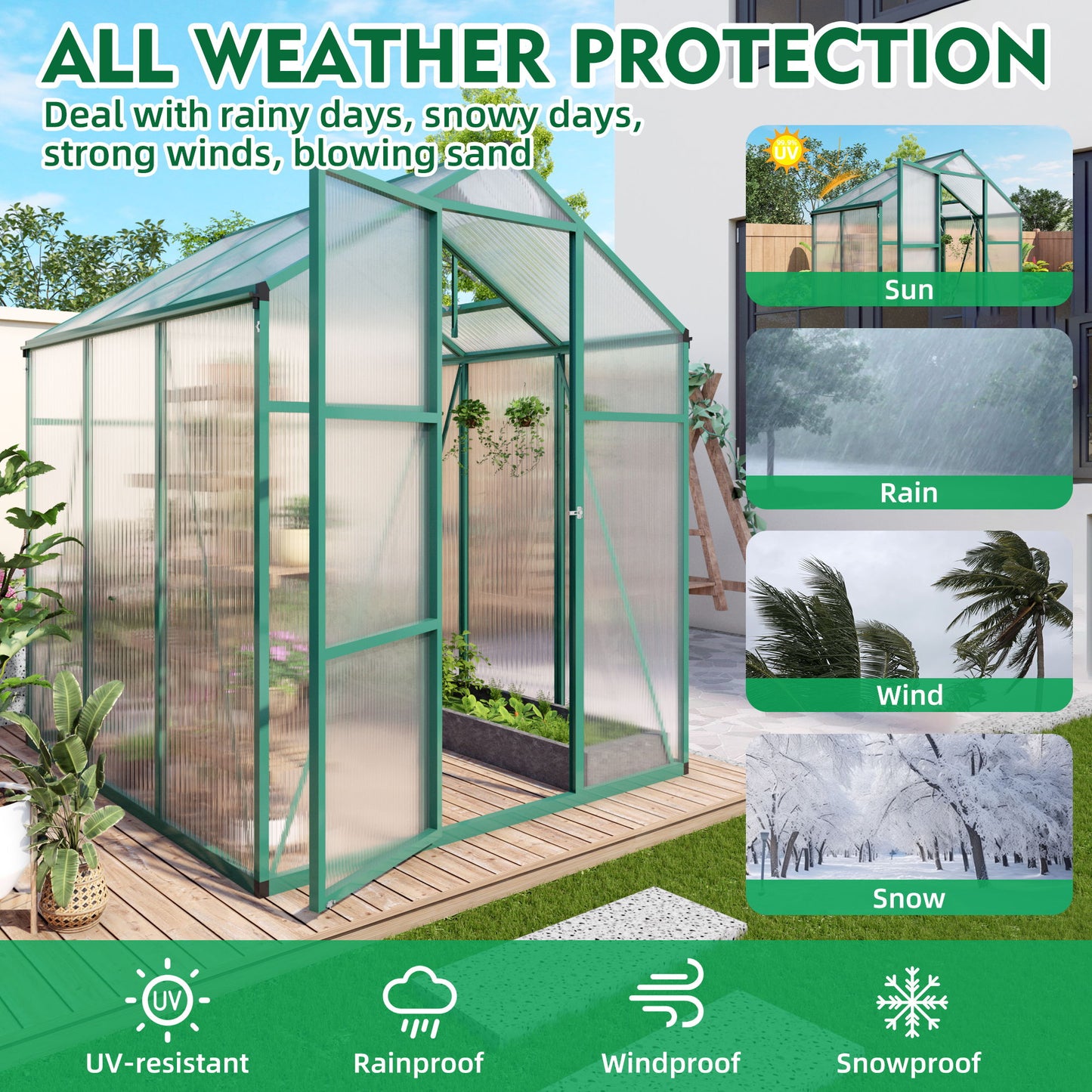 Polycarbonate Walk-In Greenhouse, Raised Base For Outdoor In All Season