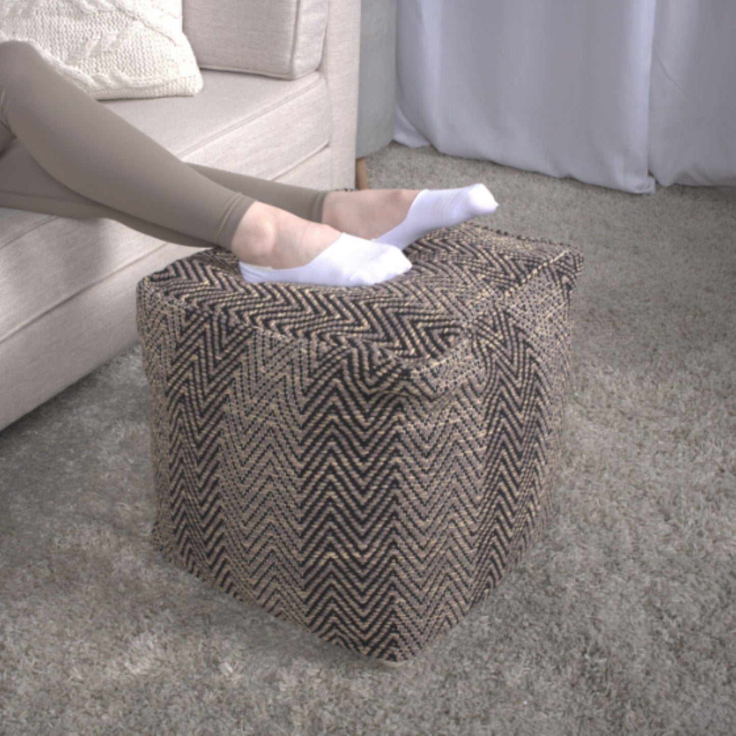 Barracuda - Handcrafted Cotton Pouf With Chevron Pattern - Brown / Beige